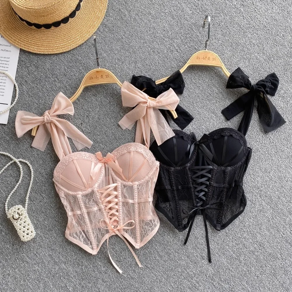 Spaghetti Strap Tank Top dla kobiet Bez ramiączek Wbudowany biustonosz Koronkowy patchwork Tiulowa kokardka Camis Summer Casual Kobiece kamizelki Dropship