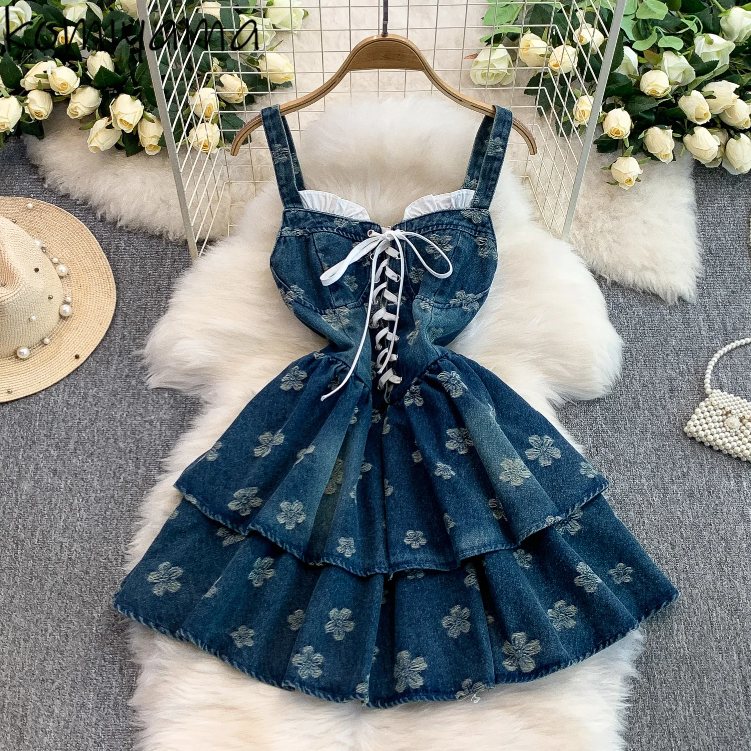 

Bandage Bow Vestidos Summer 2025 Denim Woman Dress Flower Print Strap Dresses Ball Gown Cake Robe Sexy Sleeveless Ropa Mujer