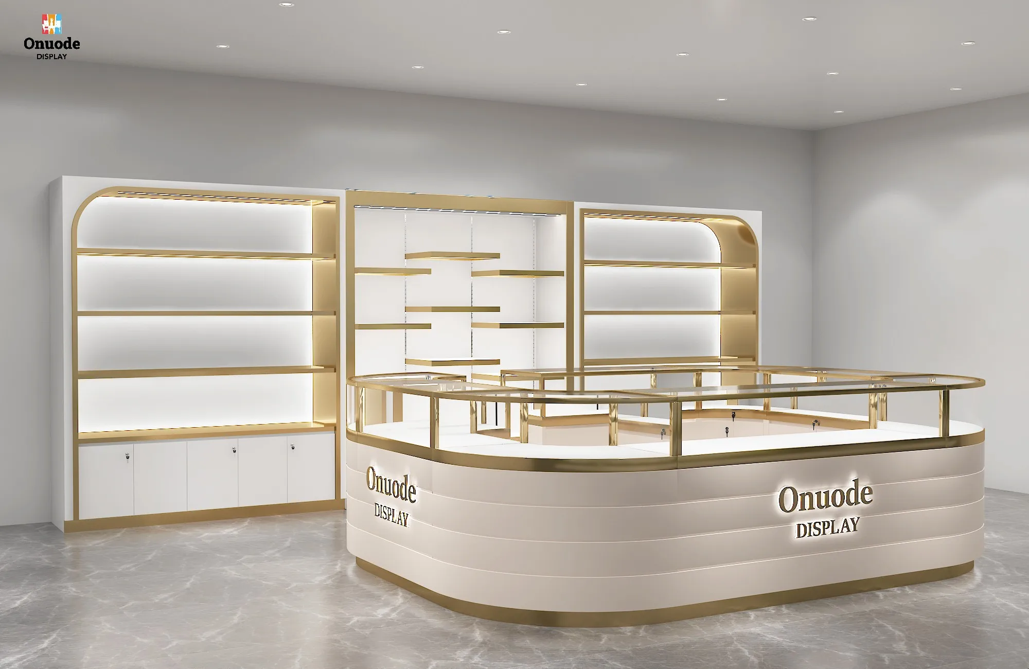 Quiosco de joyería personalizado de lujo para centro comercial |   Cabina minorista moderna con escaparate de vidrio y gabinete de joyería con iluminación LED