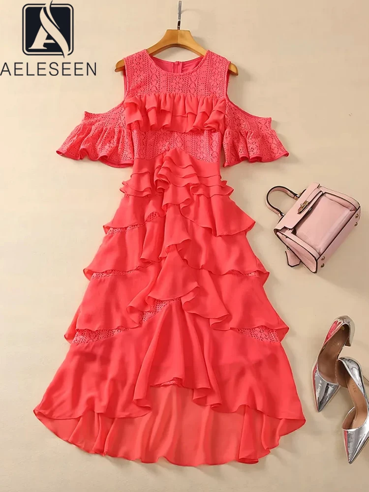 

AELESEEN Ruffles Midi Dress For Women Design Fashion Summer Off The Shoulder Flare Sleeve Tierred Eelgant Patchwork Spliced