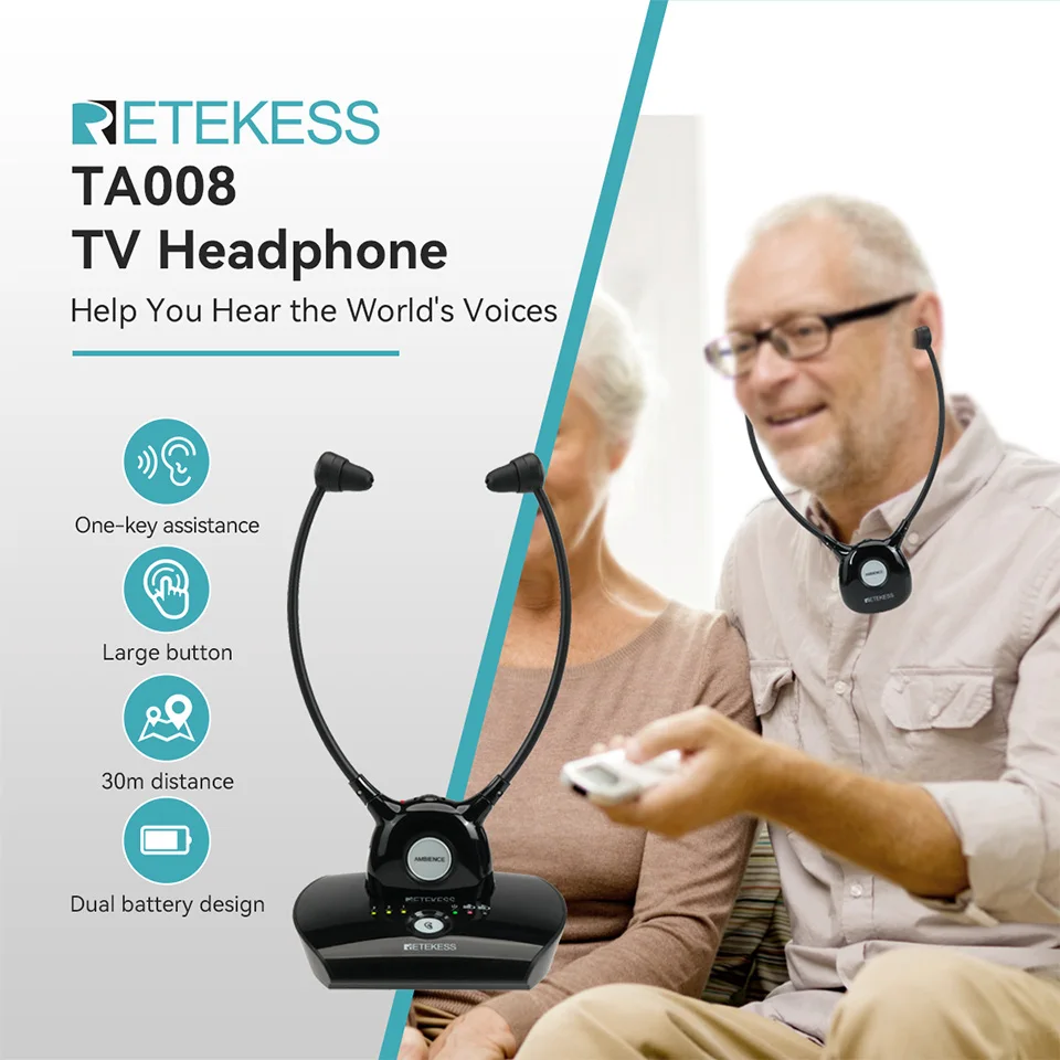 Retekess TA008 audifonos auriculares inalámbricos para tv,TV sistema de auriculares,hearing aids for TV,2.4 GHz,30m,auriculares inalámbricos para mayores personas ，modo de asistencia de audio,baterías duales,3 tonos