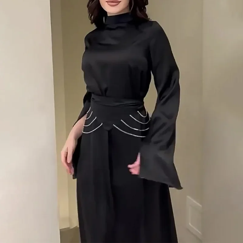 Spring Summer Fashion Diamond Satin Abaya Dress Muslim Women Elegant Solid Split Sleeves Diamond Belt A-line Dress Women