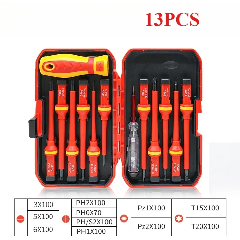 13PCS 1000V VDE Insulated Screwdriver Set Magnetic Slotted Bits for Electrical Repair Professional