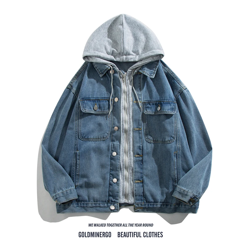 

Мужская джинсовая куртка на весну-осень, повседневная, свободного кроя, с капюшоном, имитация двухслойного дизайна, в стиле Hong Kong Sle, универсальный топ