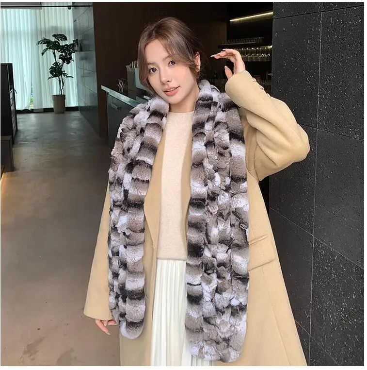 Chinchilla Color Real Rex Rabbit Fur Scarf Women Men Long Warm Striped Wraps Winter Fluffy Collar