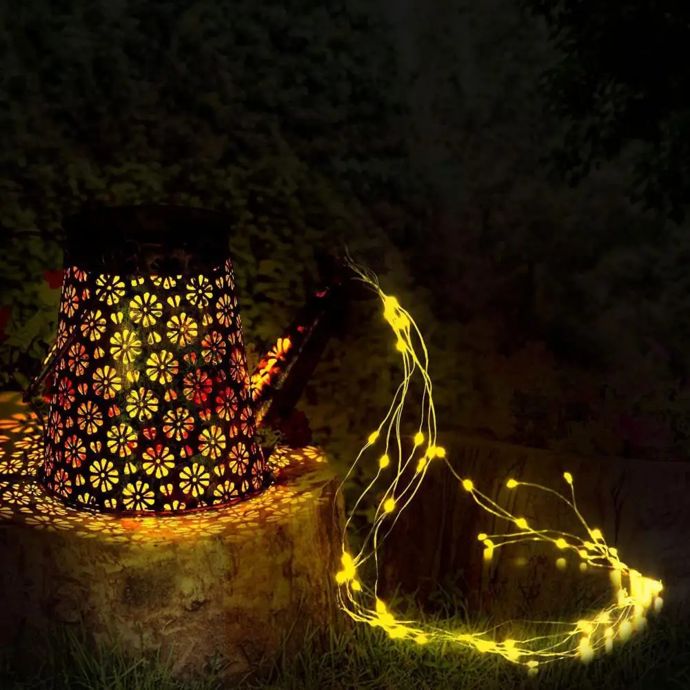 Wrought Iron Kettle Shape Lamp Solar Powered Metal Watering Lantern with Led String Lights for Outdoor for Yard for Outdoor