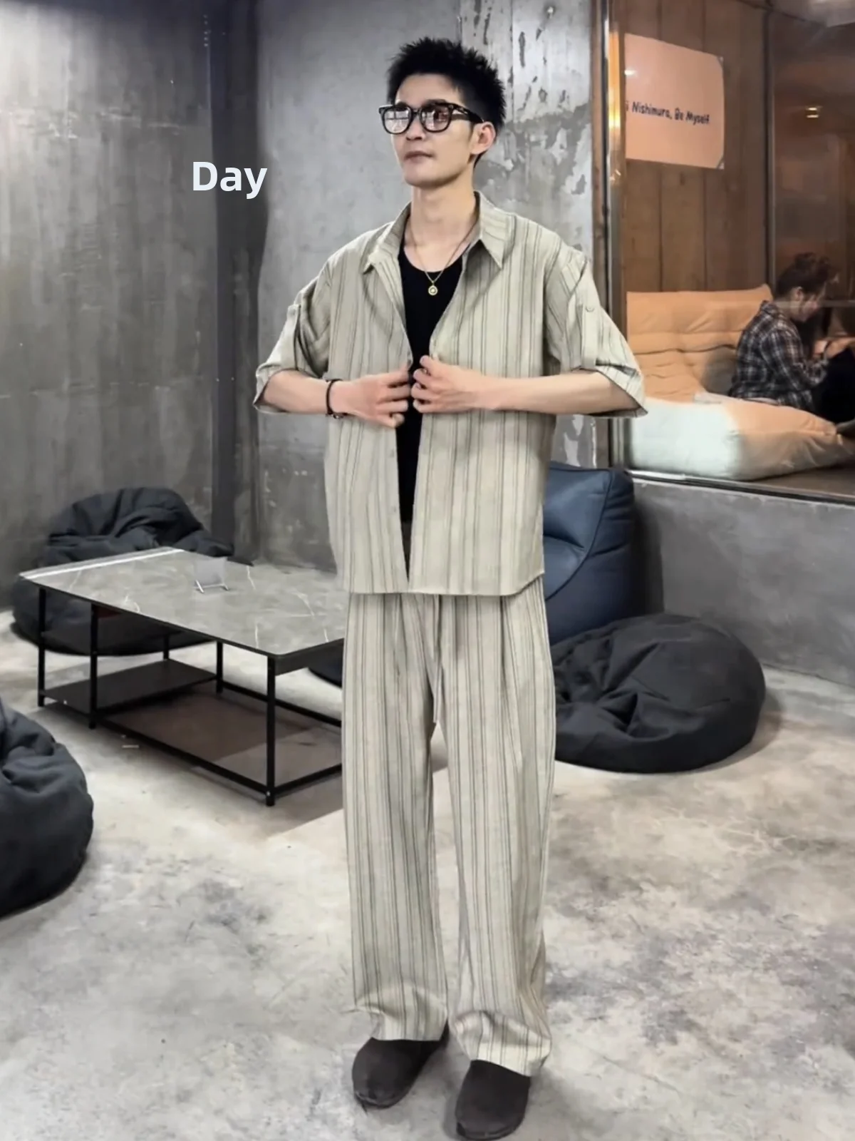 Lightweight Summer Men's Casual Stripe Shirt And Pants Set Breathable Loose Fit Long Sleeve Polyester Fiber Youth Fashion