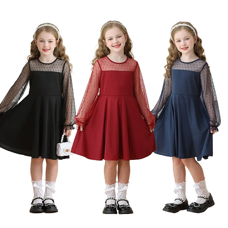 

Black Girls' Dress, Net Fabric, Lace, Princess Dress, Long Sleeves, Party, Ball Gown, Children's Wear, Performance Costume