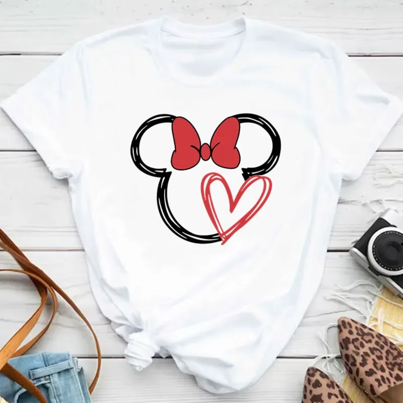 New T-shirts for Women Fashion Heart Minnie Print Unisex T Shirt Y2K Streetwear Clothes Kawaii Mouse Head T Shirt Female Tops