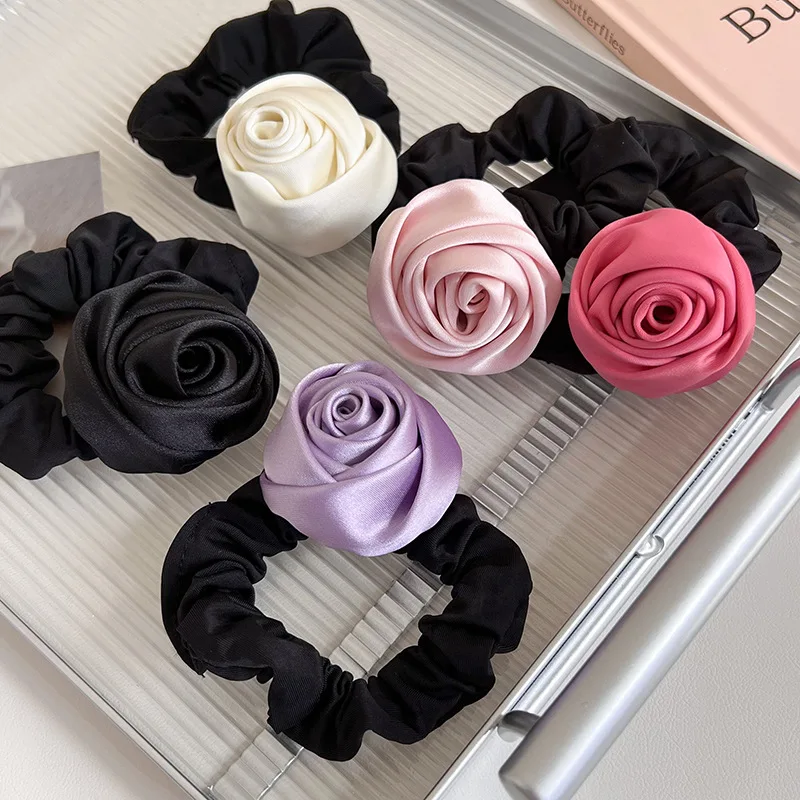 Fashion Handmade Satin Rose Flower Hair Ring Womans Elegant Headband High Elastic Rubber Band Tie Ponytail Hair Rope Headdress