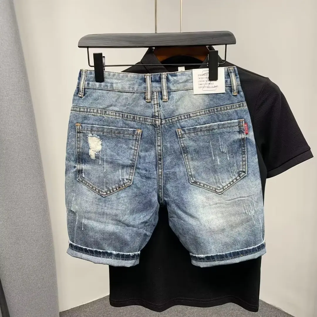 Men's Loose Fitting Straight Hole Denim Shorts Fashion Brand Summer Cut Torn Jeans Shorts