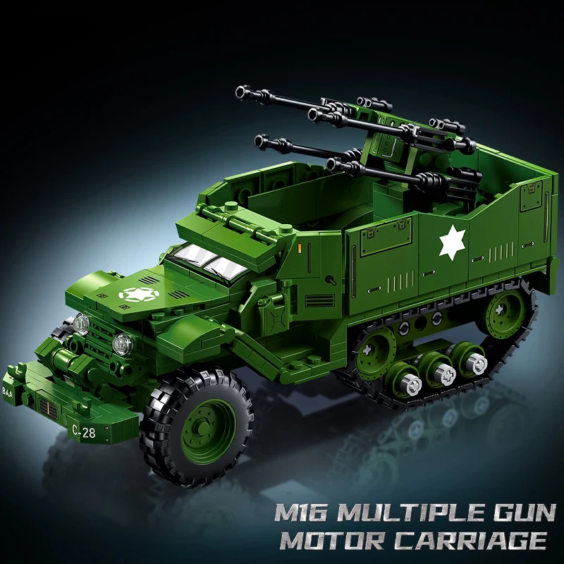 

Американский полугусеничный пневматический боевой автомобиль M16 времен Второй мировой войны, полугусеничный автомобиль в сборе, строительные блоки, игрушка-танк для мальчика, подарок 88060