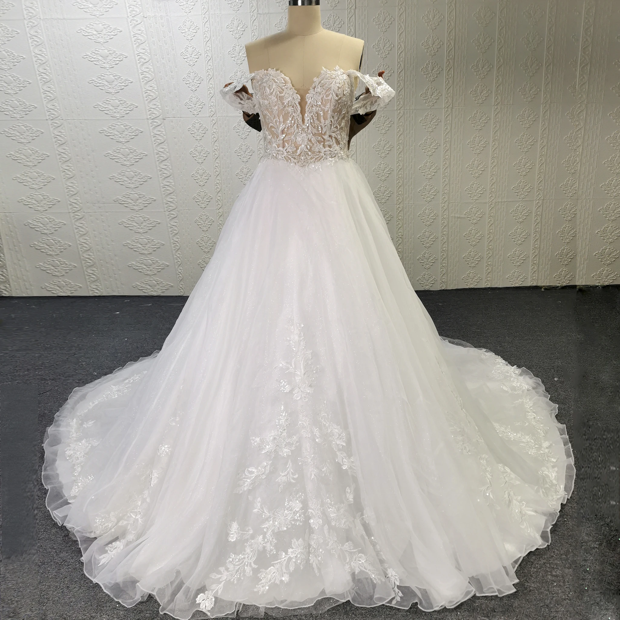 

Rosymae A-Line Wedding Dress with Tulle Skirt Long Train Plunging V-Neckline Sheer Off Shoulder Sleeves Floral Lace Appliques