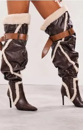 

Women Winter Warming Dark Brown Leather Lamb Fur Patchwork Over The Knee Boots Pointed Toe Belt Buckle Stiletto Heels Long Boots