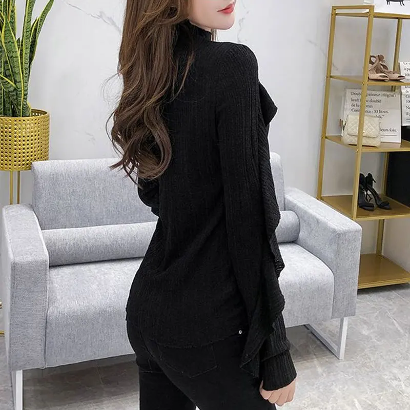 Stylish Solid Color Ruffles Spliced Shirt Spring Autumn Slim Basic Half High Collar Female Clothing Chic Diamonds Knitted Blouse