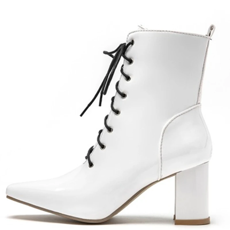 Botines de talla grande 47 para mujer, botas cortas impermeables de charol, botas de moto blancas y rojas con cordones a la moda