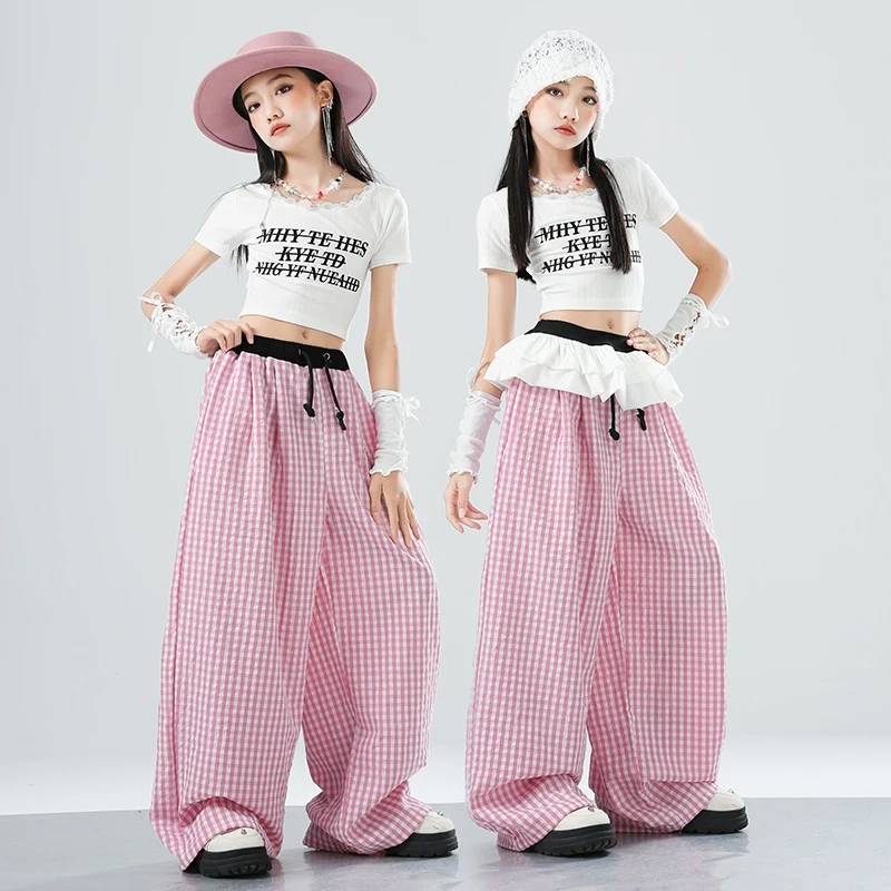 Kinder Hip Hop Kleidung Mädchen Jazz Dance Kostüm Nabel Tops Rosa Karierte Hosen Sommer Straße Tragen Kpop Leistung Anzug BL16234