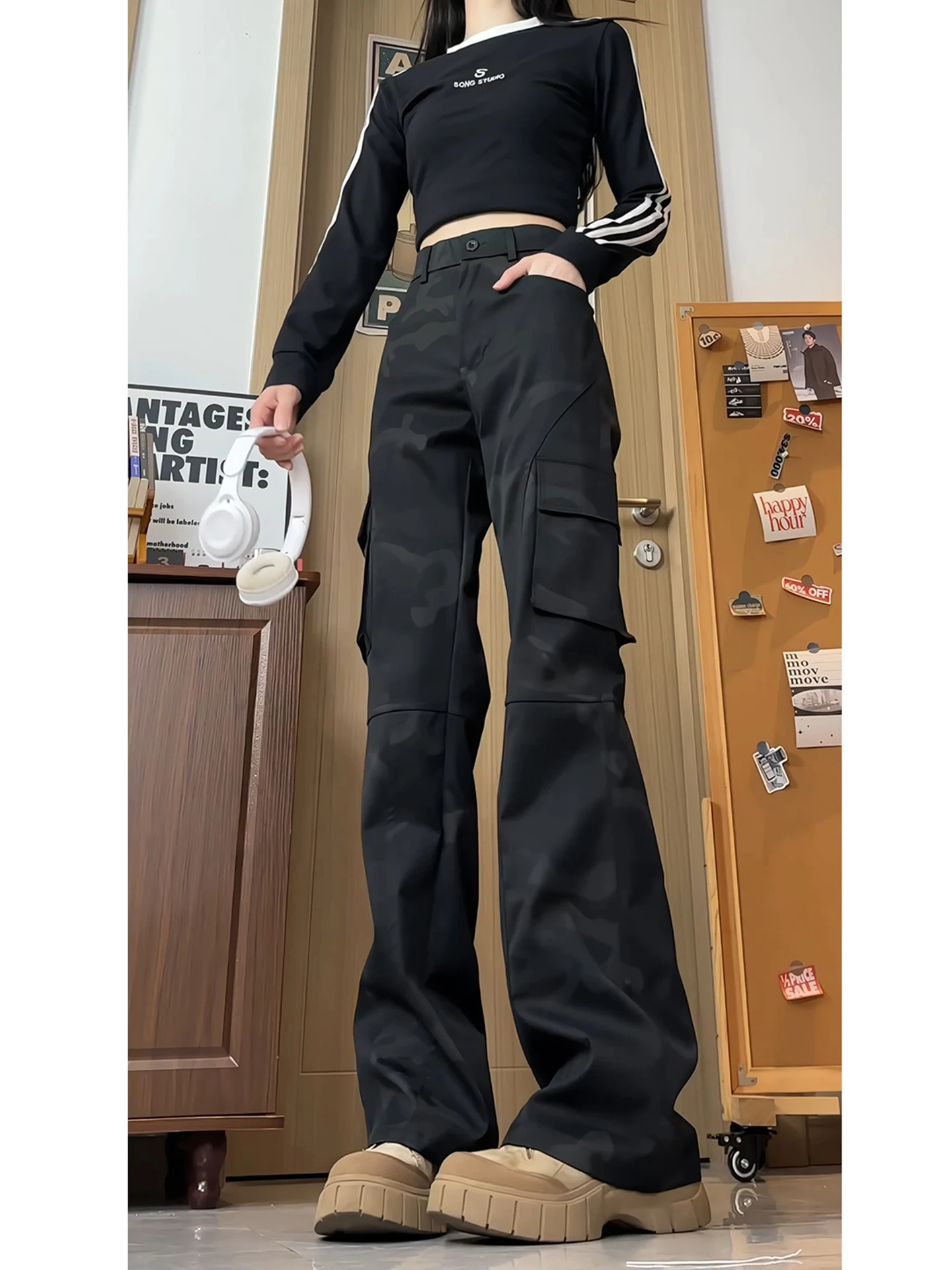 

Bla American High Street Camouflage Work Pants Men's Autumn Knife Flared Straight Leg Pants Slimming High Waist Pants