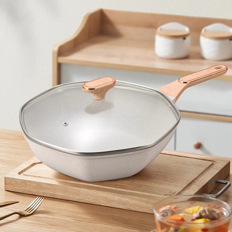 Wok octogonal antiadherente de cerámica, Woks de inducción fundidos a presión de 11,8/12,6 pulgadas y sartenes para freír con tapa de vidrio (blanco crema)