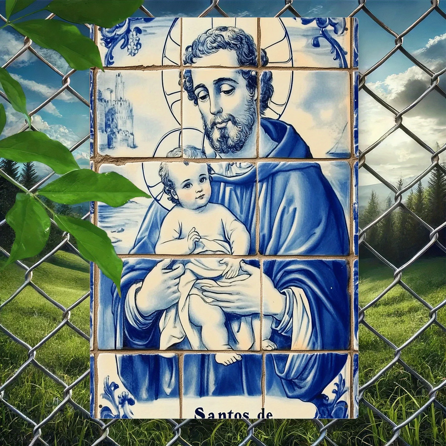 2D Flat Portuguese Azulejo Tile Featuring a Saint's Portrait, Designed for Religious Vintage Chapel Suitable for Home, Bar