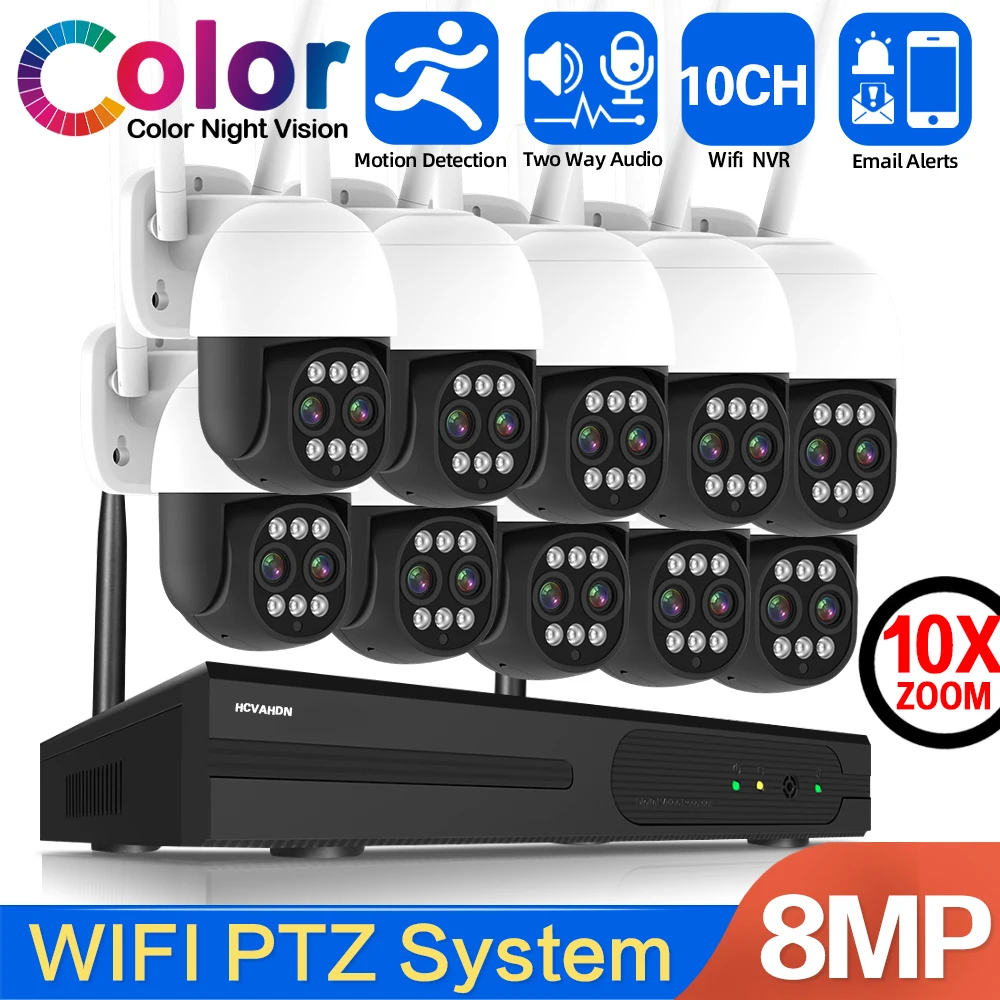 Sistema de cámara CCTV con Wifi, Kit de vigilancia con visión nocturna a Color, 4K, 10 canales, NVR, Zoom 10X, lente Dual, PTZ inalámbrico, 8 canales