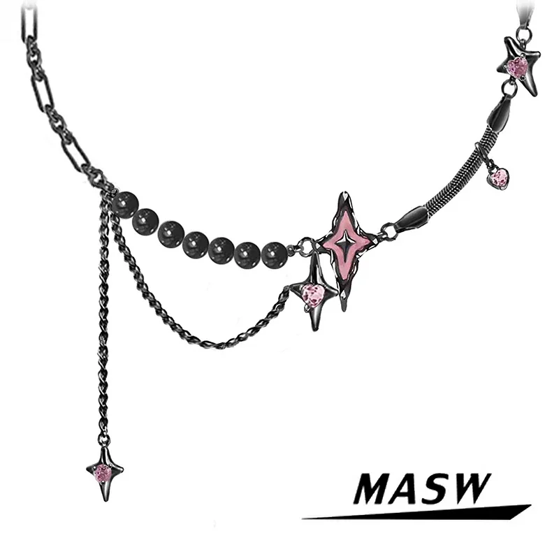 MASW Original Design Hiphop Cool Style Metallic Chain Black Bead Star Necklace For Women Girl Party Gift Hot Sale 2024 New