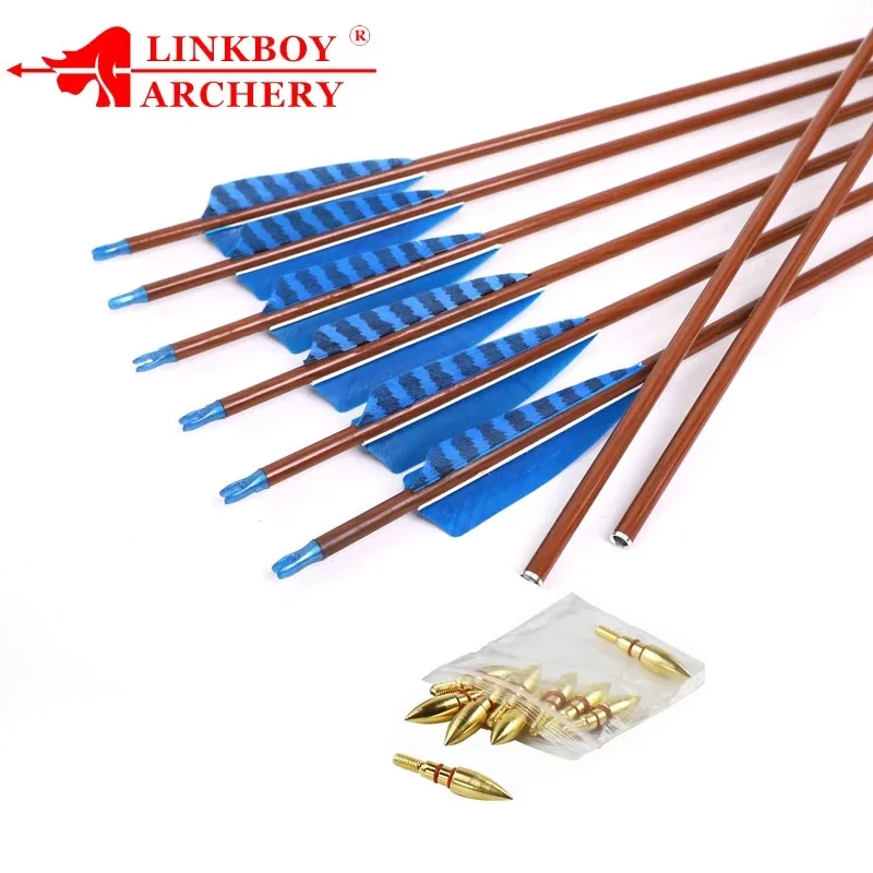 Linkboy Archery Wood Skin 100% Pure Carbon Arrows Spine340 4inch Turkey Fletching 100gr Tips Traditional Bow Hunting 12pcs