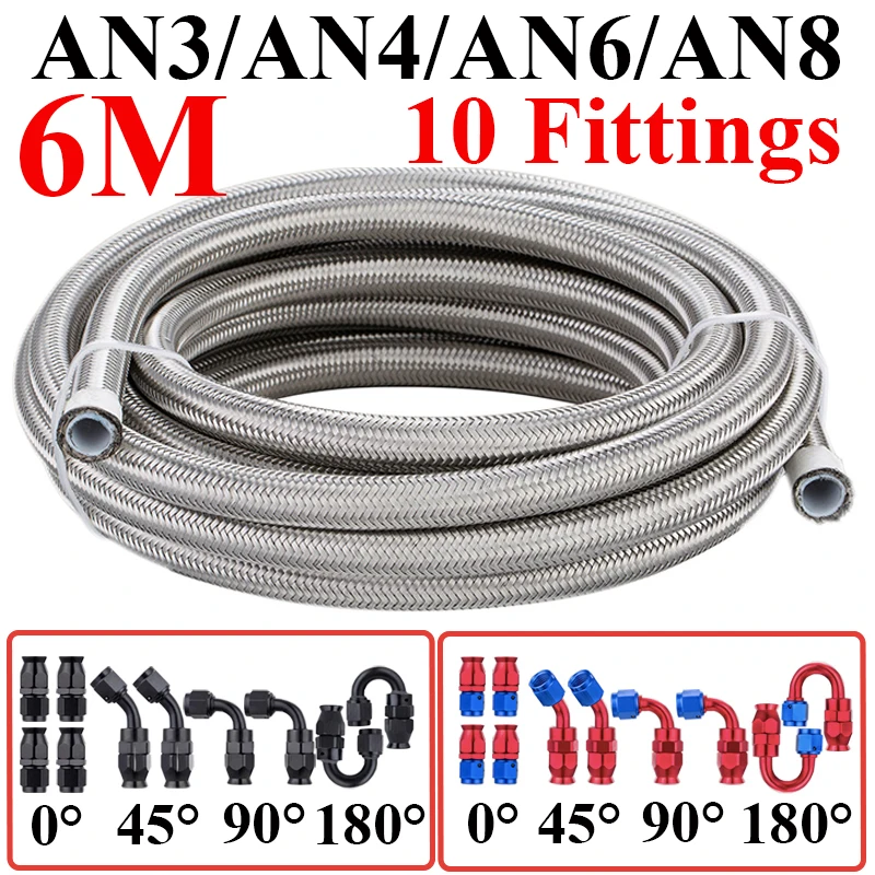 6M AN3 AN4 AN6 AN8 E85 Stainless Steel PTFE Fuel Hose Oil Gas Cooler Line Pipe Tube 4x0° 2x45° 2x90° 2x180° Swivel End Fittings