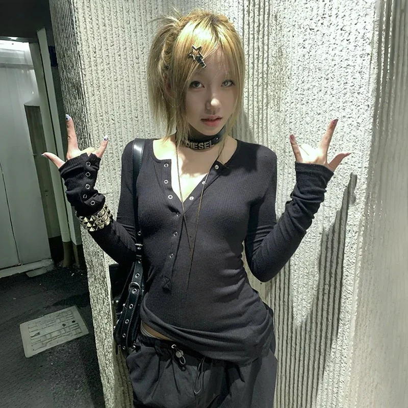 

Футболка на пуговицах Subculture Y2k, черные топы в рубчик в стиле гранж, готическая винтажная футболка в стиле Харадзюку с длинными рукавами, американская винтажная футболка