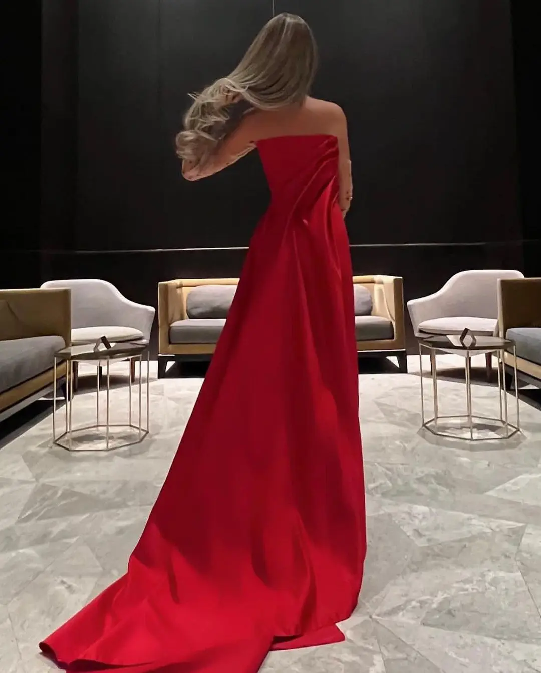 Customized Mermaid Red Evening Dresses Strapless Beadings Sleeves Ankle Length Prom Dresses Vestidos De Noche