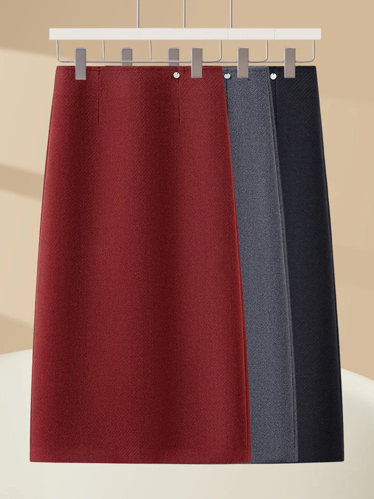 

High Waist A-Line Midi Skirt Women's Woolen Autumn Winter Slim Fit Straight Cut Bodycon Skirt Korean Style Commute Fashion
