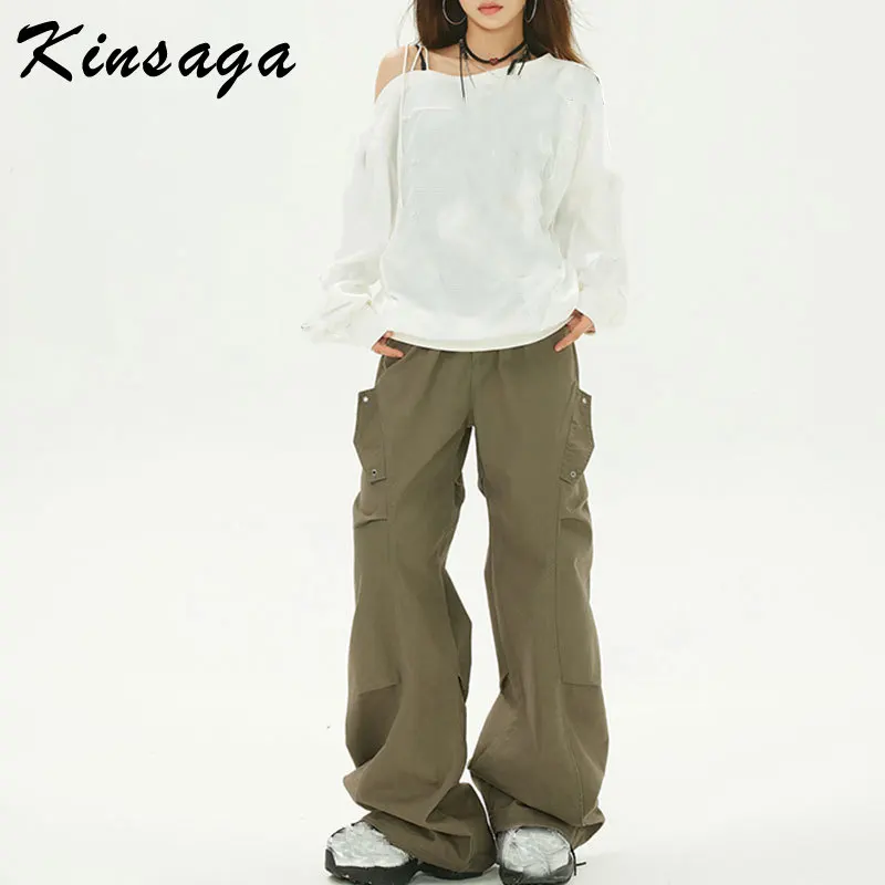 

Women Streetwear Wide Leg Ruched Pintuck Cargo Pants Y2K Side Pockets Pleated Tailored Traf Pantalon Military Green Trousers