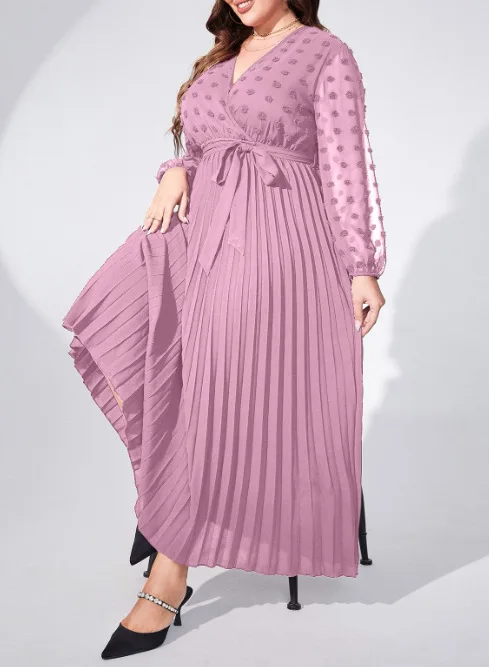 Casual Plus Size Dresses Fashion V-neck Pleated Women Elegant Dresses 2023 New Temperament Large Size Lady Solid Color Dresses