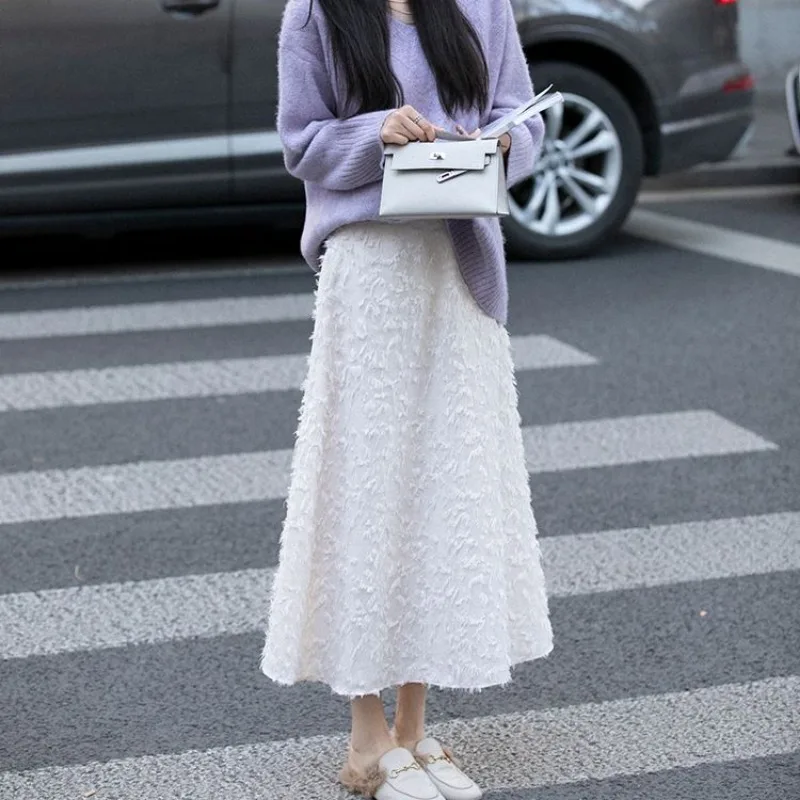 Elegant Women Long Skirts High Waist  A-line Winter Casual Female Slim Streetwear Simple Midi Fur Solid Classic Soft All-match