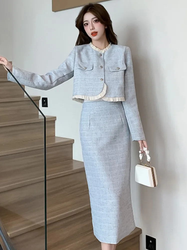 Korean Women Plaid 2 Pieces Set 2023 Autumm Long Sleeve Blazer Coat Casual A-line Midi Skrit Spring Elegant O-neck Suits