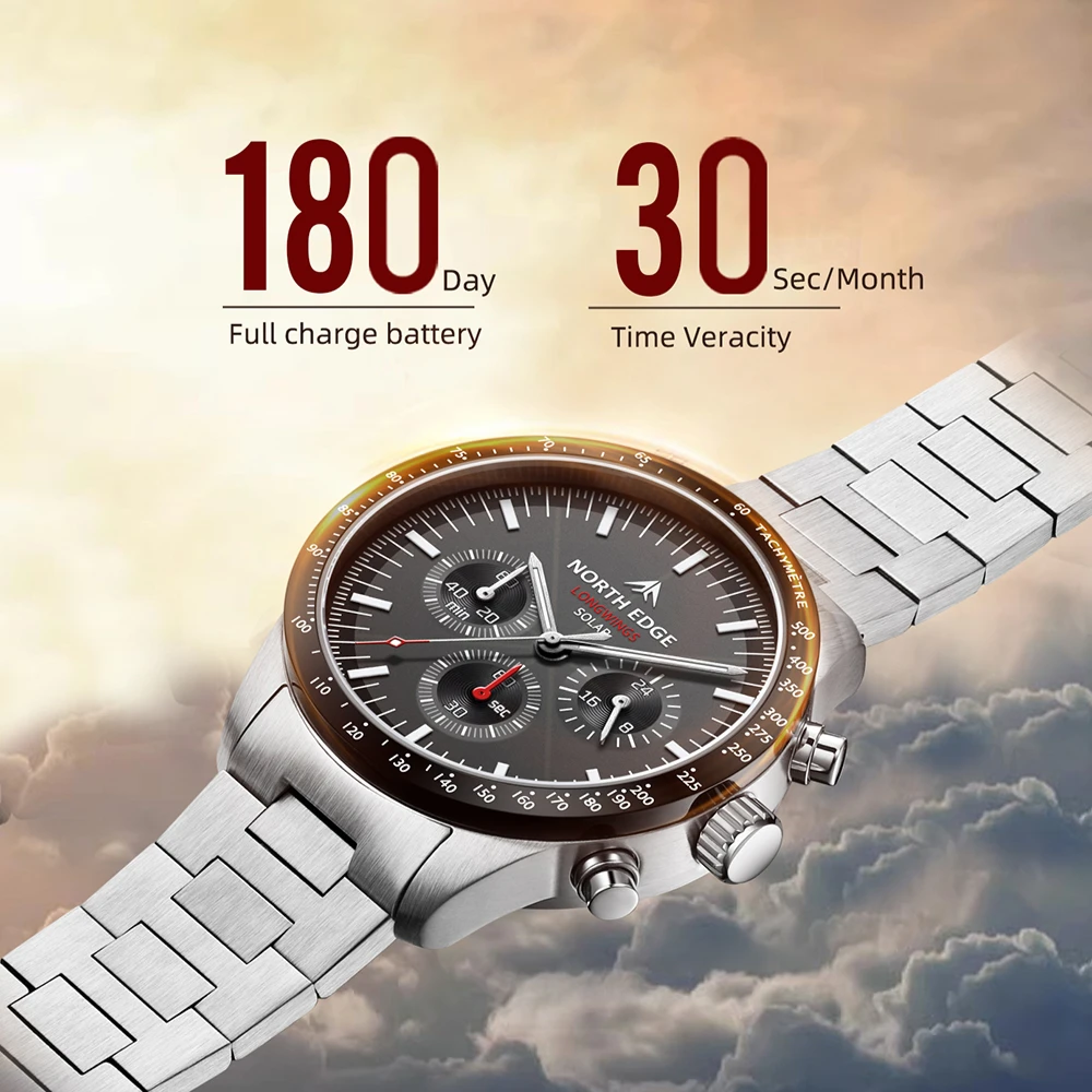 NORTH EDGE Solar Watches for Men New LONGWINGS Pilot Series Chronograph 50M Waterproof 316 Stainless Steel Mens Watch with Box