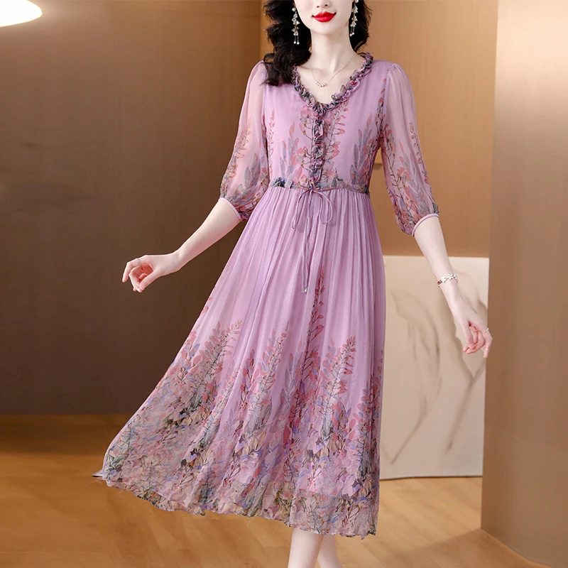 

2025 Summer Floral Silk Beach Midi Sundress Women Boho Fashion Casual Light Dress Spring Korean Elegant Luxury Festival Vestidos