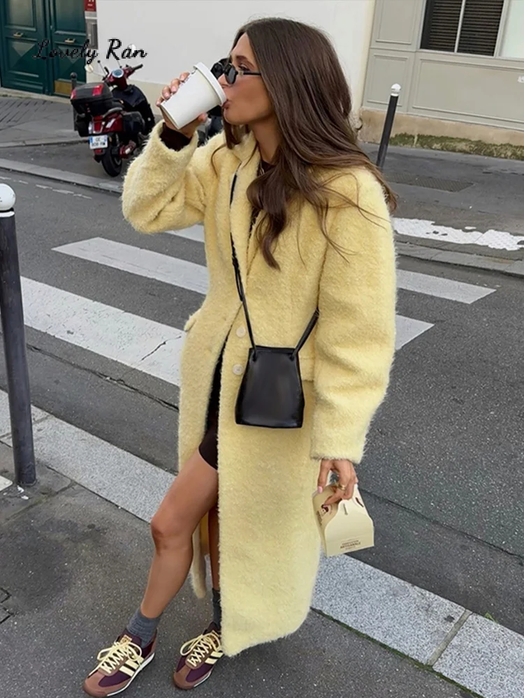 Yellow Wool Women Long Coat Casual Thicken Full Sleeve Single Breasted Lapel Female Outwear 2024 Autumn Urban Lady Jacket