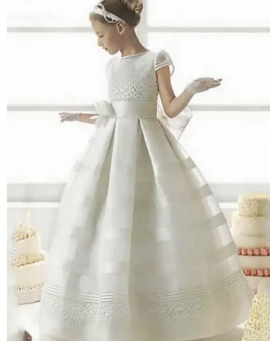 Communion Dress Made with Satin Fabric with Vintage-like Laces Bow and Covered Buttons for Closure