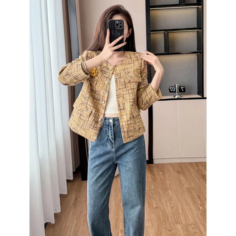 معطف صوفي خشن منقوش للنساء 2025 قميص جديد للربيع والخريف بنمط عطري صغير