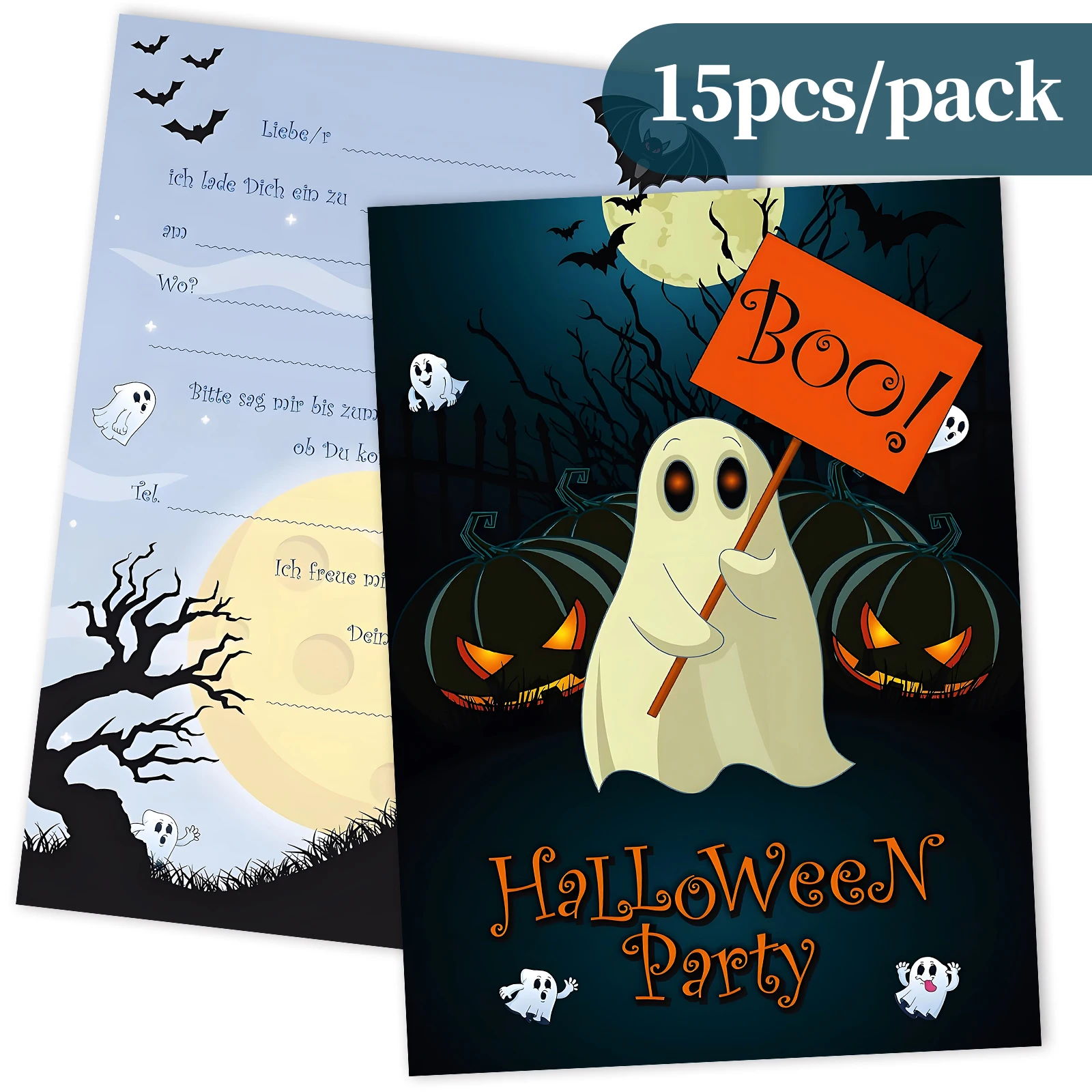 15 Stück Halloween-Geister-Einladungskarten – süße Geister, Kürbis-Design (15 x 10,8 cm) – perfekt für die Horrorparty/Mottoparty von Kindern