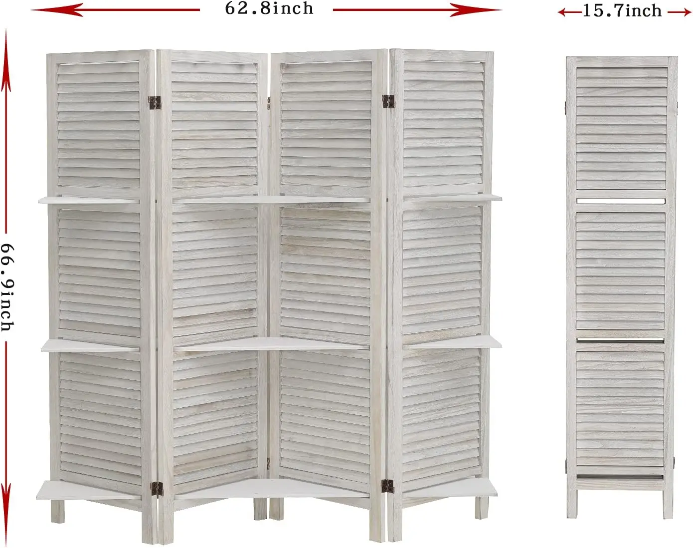 Room Divider 4 Panel, White with Shelves, Wall Dividers and Folding Privacy Screens, Portable Room partitions for Bedroom