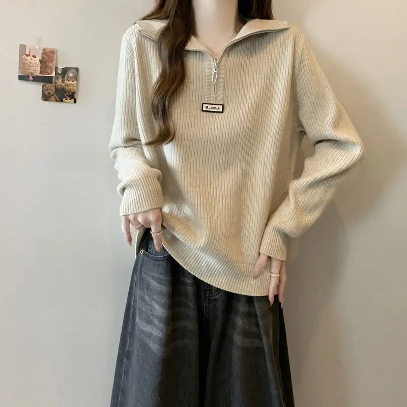 

Half-zip Pit Striped Sweater Top Women Autumn Winter Warm Long-sleeved Sweater Base