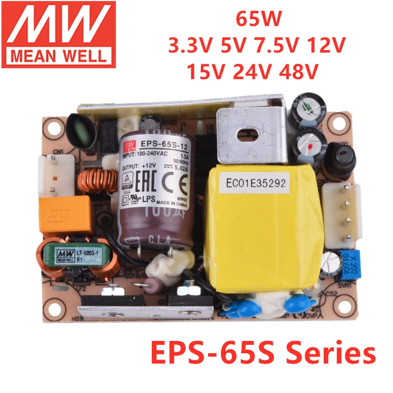 MEAN WELL PCB Type 65W Single Output Switching Power Supply EPS-65S Series 3.3V 5V 7.5V 12V 15V 24V 48V