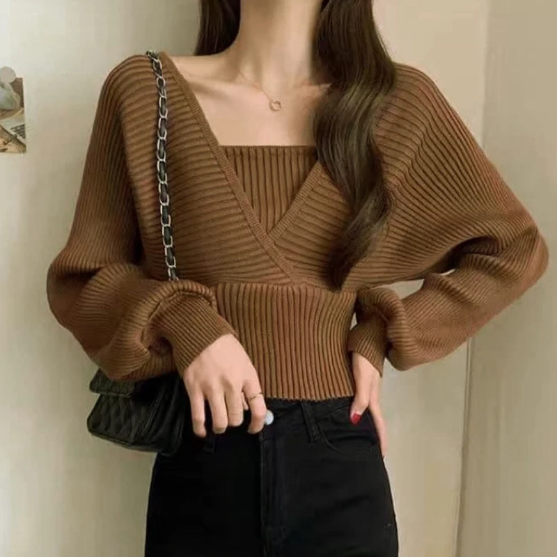 Autumn Korean Women Solid Color Fake Two Piece Long Sleeve Chic Knitted Sweater