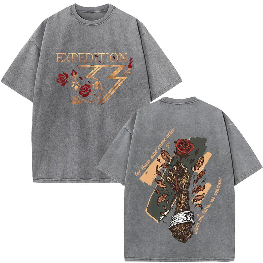 Game Clair Obscur Expedition 33 Vintage Washed T-shirt for Those Who Come After T Shirt Men Fashion Cotton Short Sleeve T-shirts