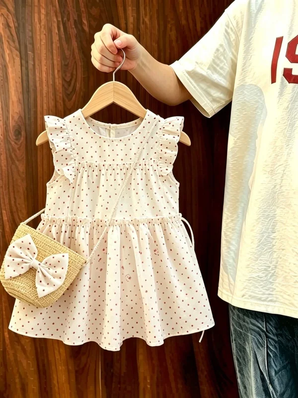 Vestido Estilo Doce para Meninas com Mangas de Asas de Fada, Estampa de Corações, Gola Redonda, Sem Mangas, Saia de Princesa para Crianças
