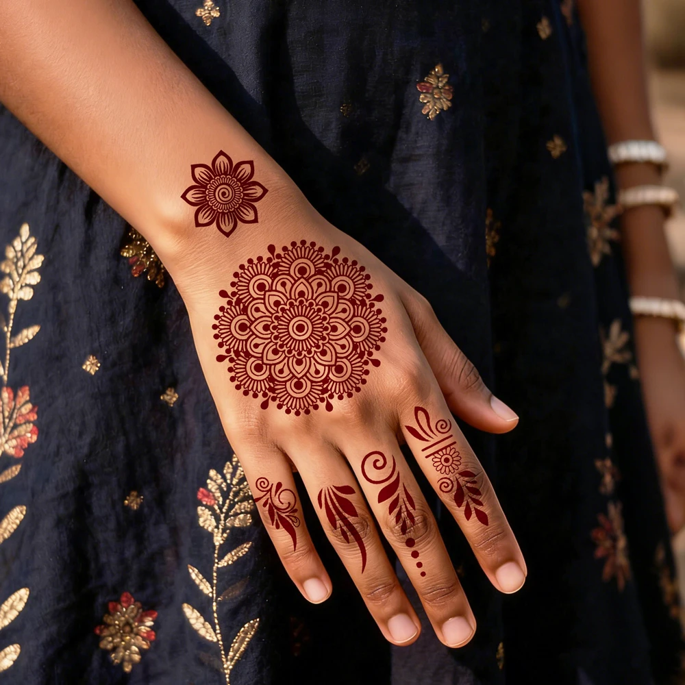 1pc Mandala Temporary Tattoo Sticker Brown Henna  Tattoo Stickers for Hand Fingers Flower Fake Tattoo for Women Hand Body Decal view 3