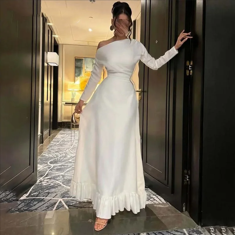 

Off the Shoulder White Prom Dress Saudi Arabia Party Dress Pleats Stain Full Sleeve Evening Dress for Woman Customized