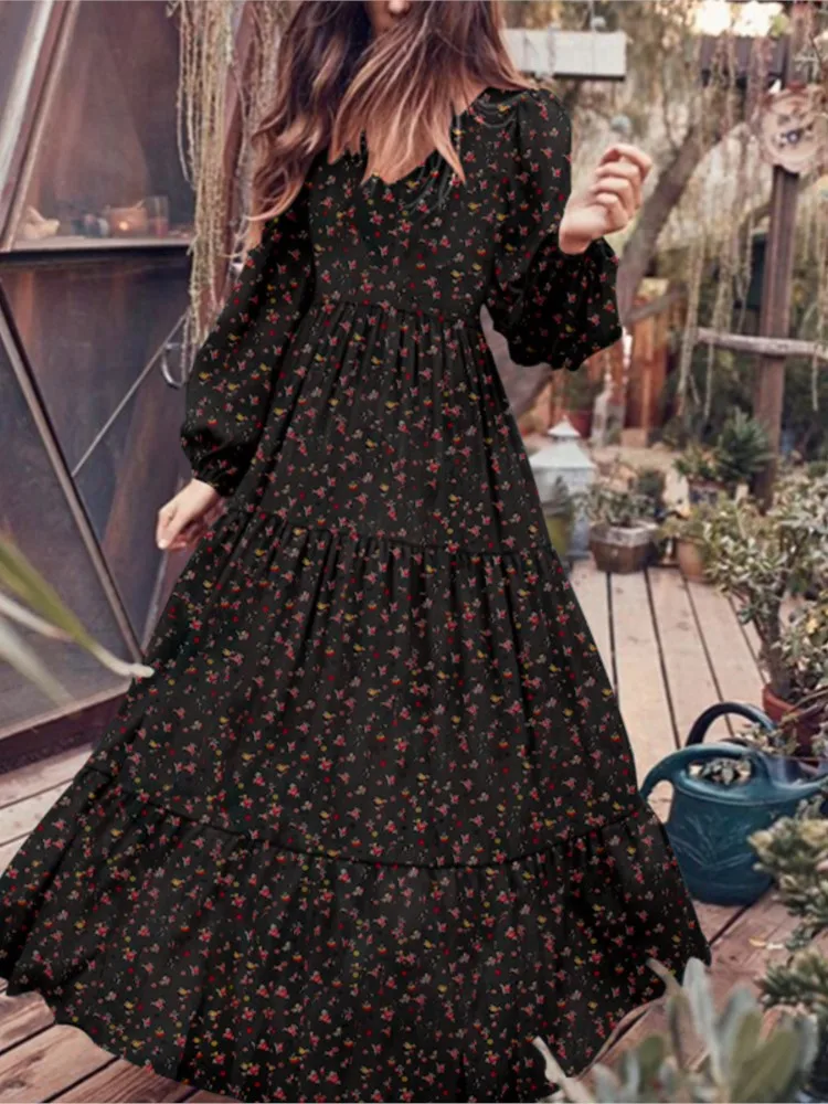 ربيع الخريف عادية بوهو الأزهار طباعة فستان طويل للنساء أنيقة فساتين ماكسي للحفلات كم كامل كشكش خمر فستان الإناث